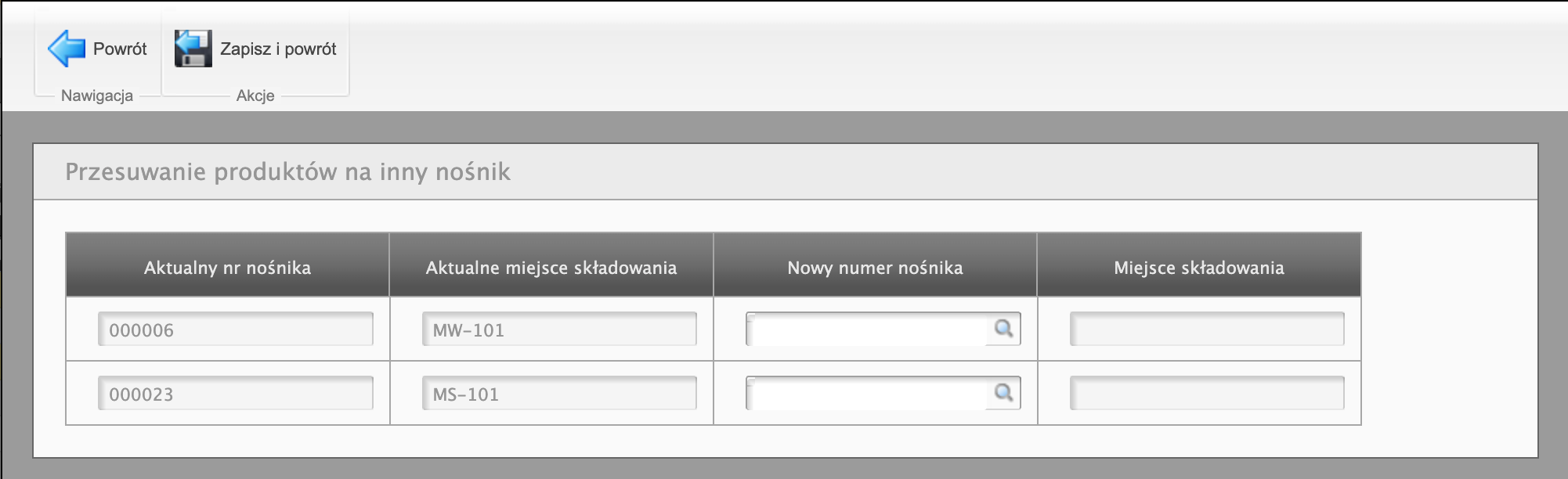 Przesuwanie produktów na inny nośnik
