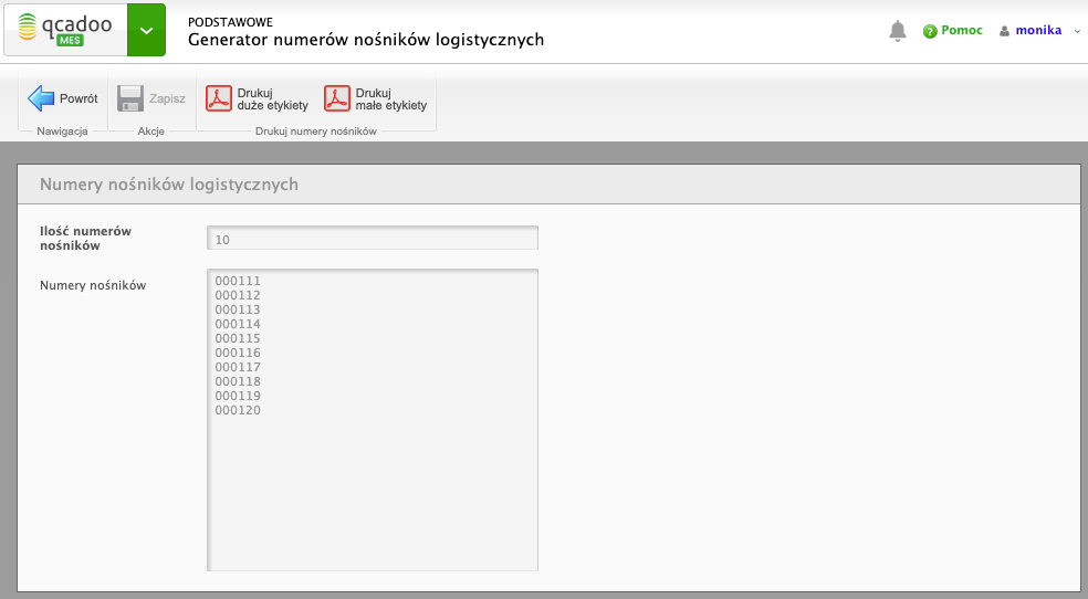 Wygenerowane numery nośników logistycznych