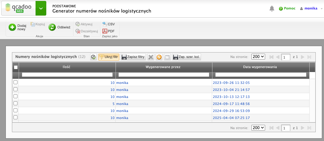 Lista wygenerowanych numerów nośników logistycznych