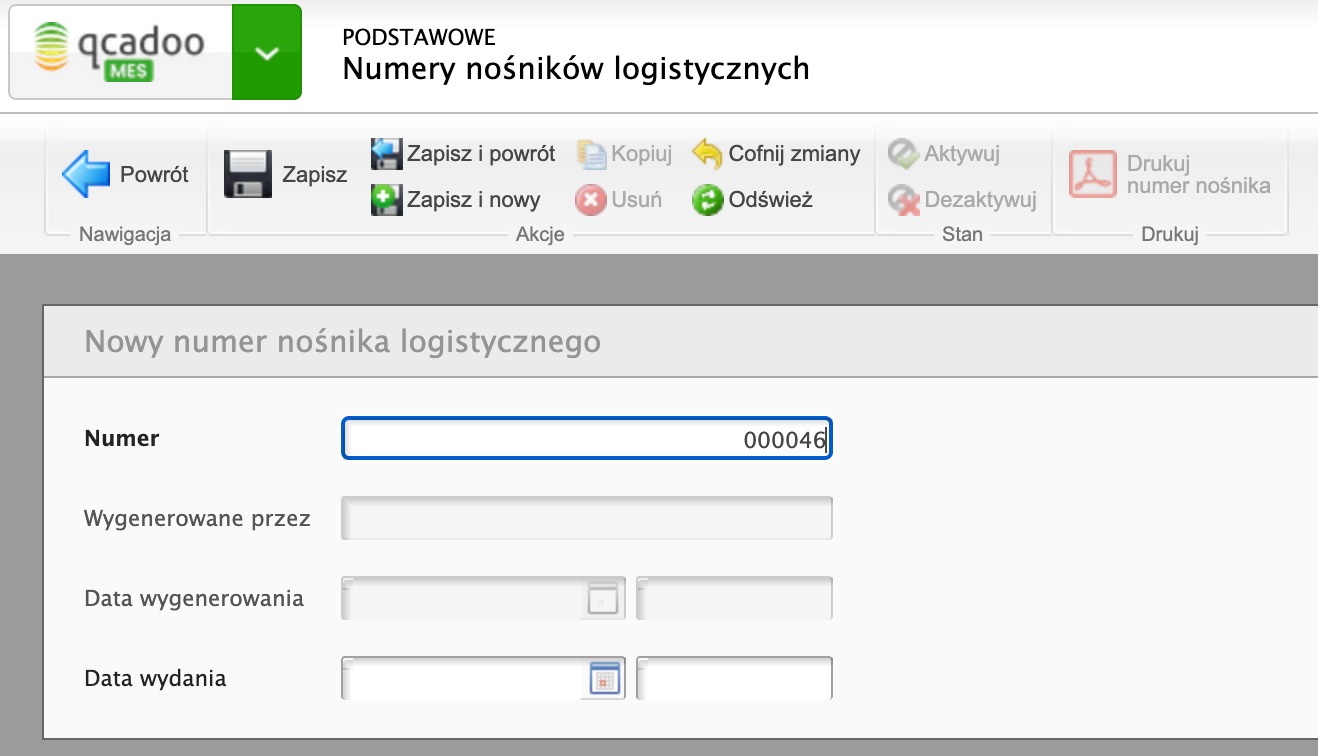 Dodaj nowy numer nośnika logistycznego